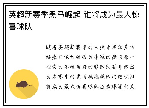 英超新赛季黑马崛起 谁将成为最大惊喜球队