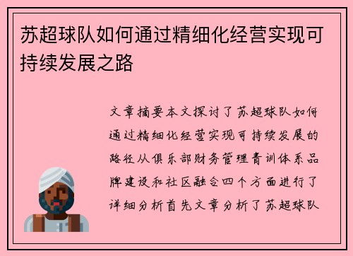 苏超球队如何通过精细化经营实现可持续发展之路